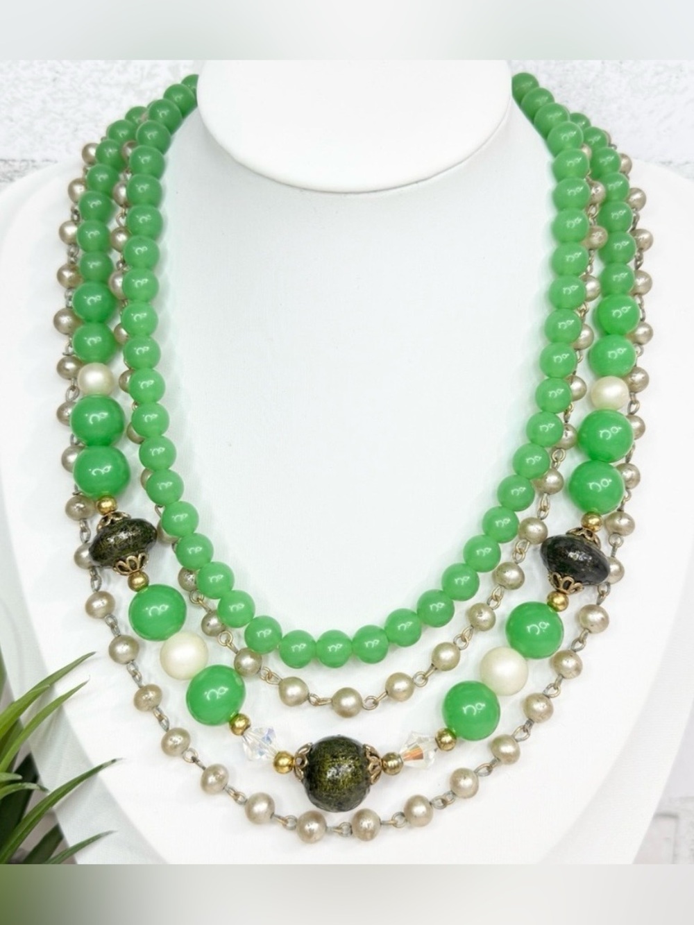 Vintage 50s Green and Faux Pearl Bead Layered Multi Strand Statement Necklace